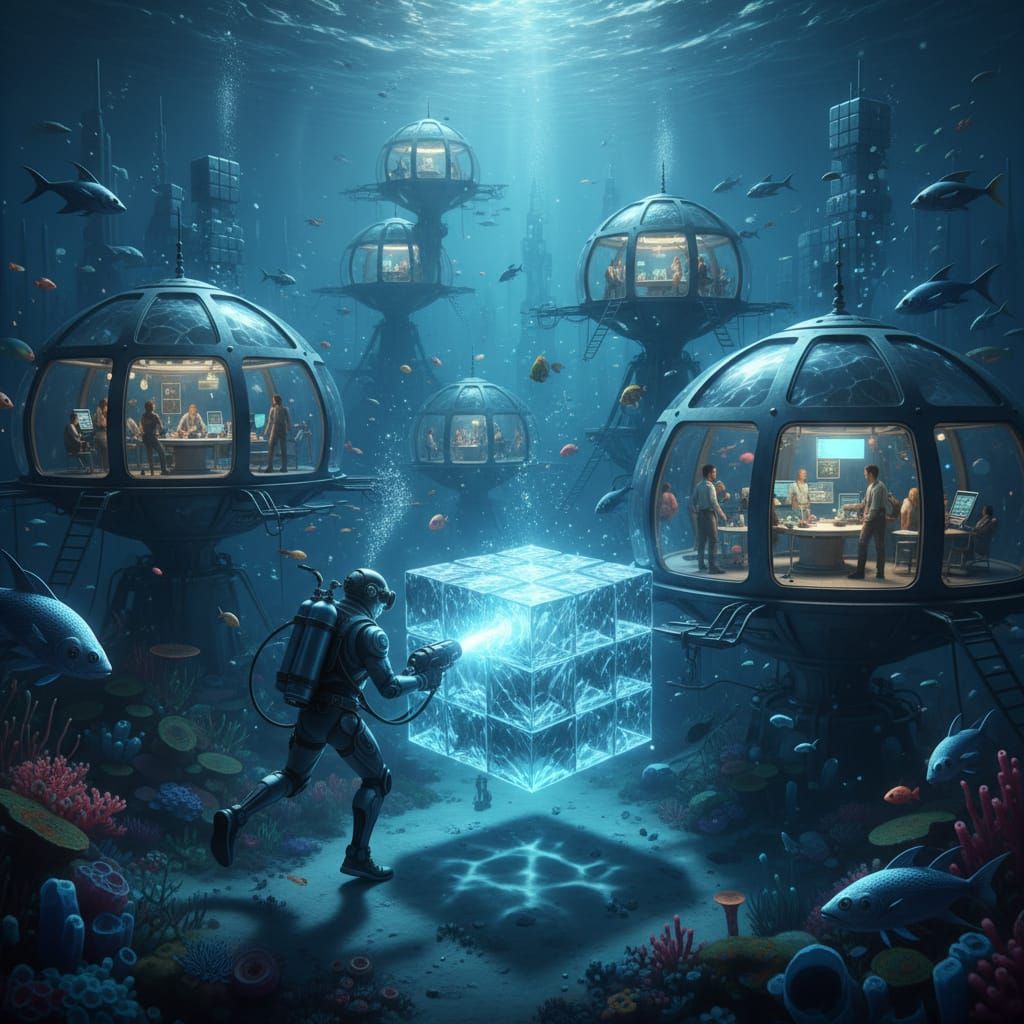 Diver Builds Underwater Base With Solid Water Blocks