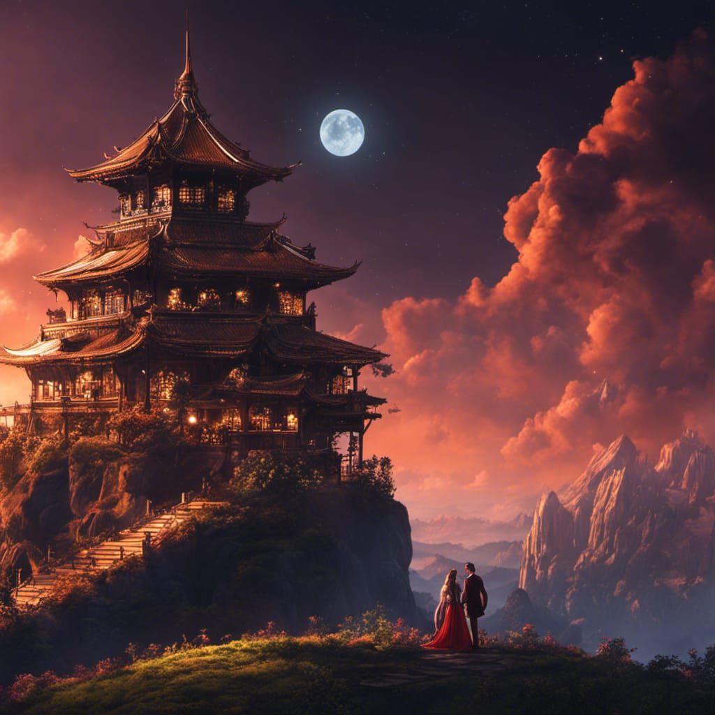 Lovers Kissing Under Starry Sky: Fantasy Concept Art