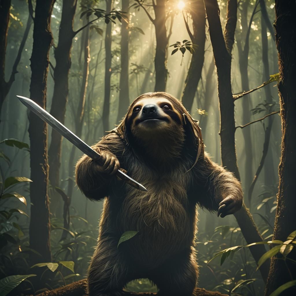Sloth Samurai in Mystical Forest: Cinematic Still