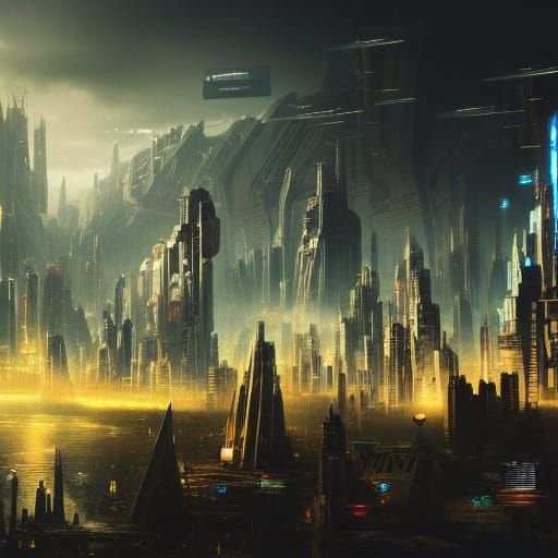 Futuristic Robot City in Digital Matte Painting Style