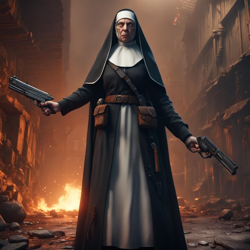Fearsome Nun and Dwarf in Detailed Matte Painting