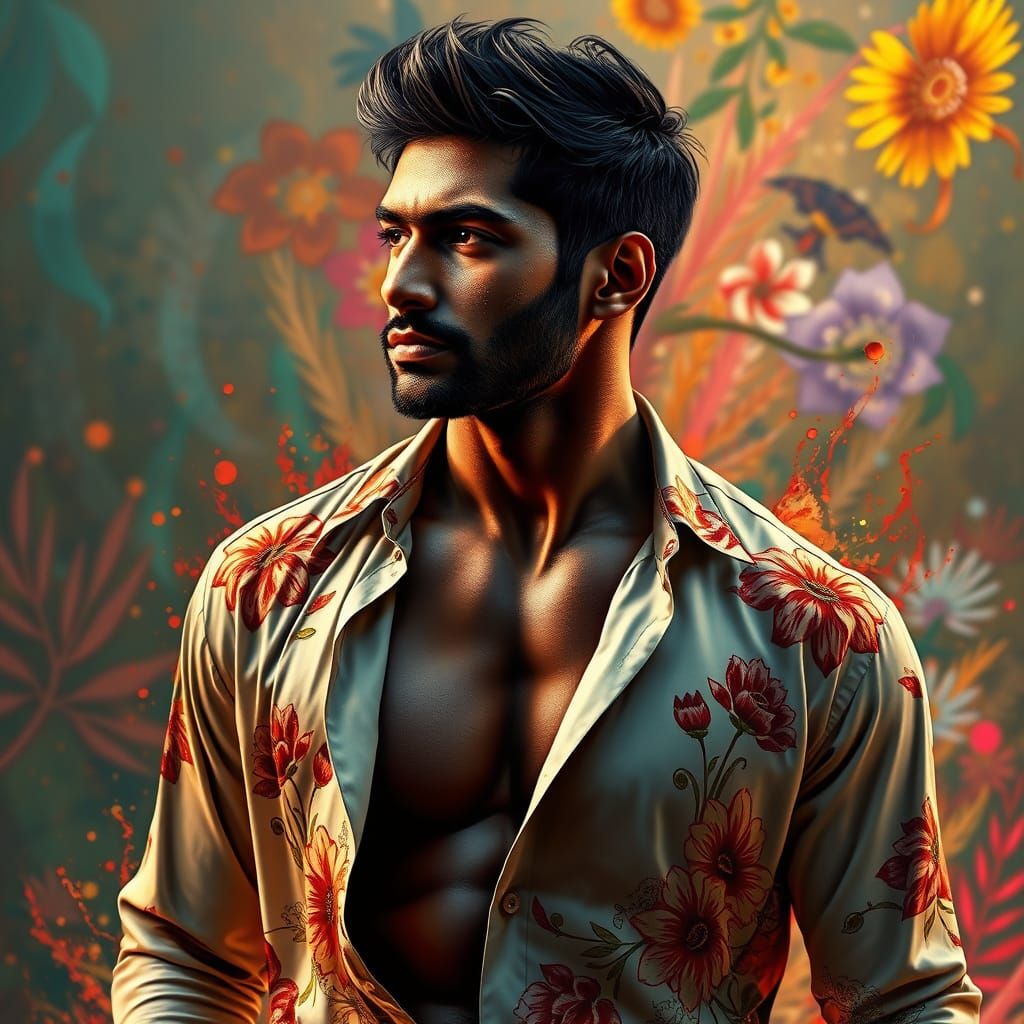 Handsome Man in Floral Silk Shirt: Hyperrealistic Splash Art