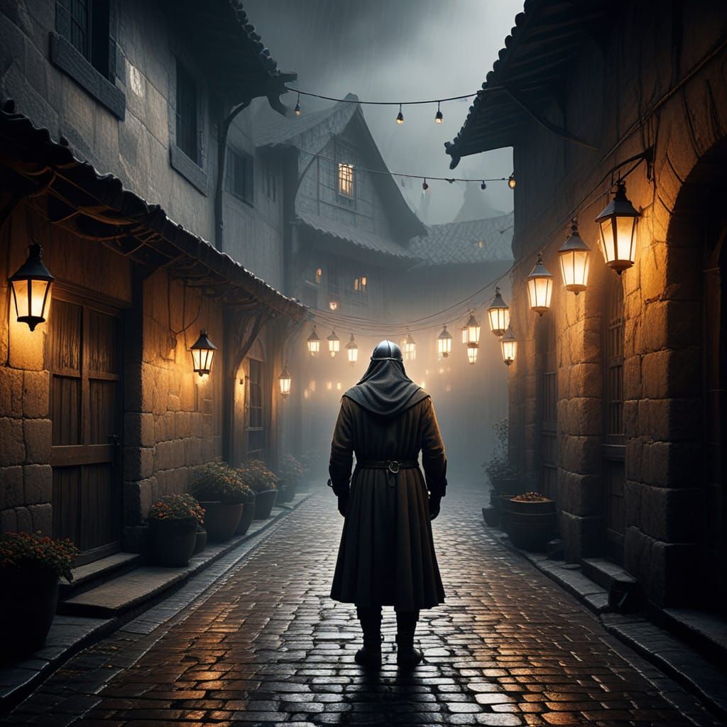 Viking Explorer in Misty Alleyway with Medieval Tavern