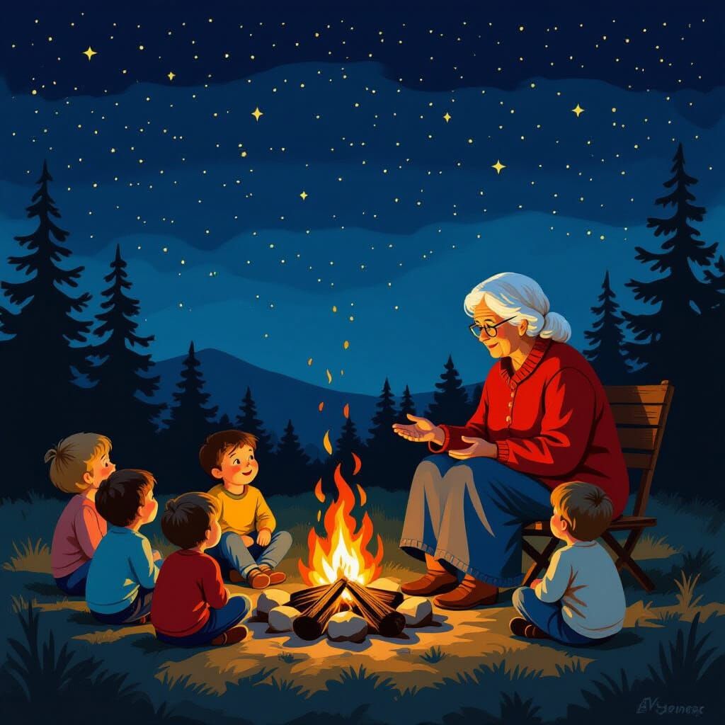 Campfire Storytelling in Folk Art Style