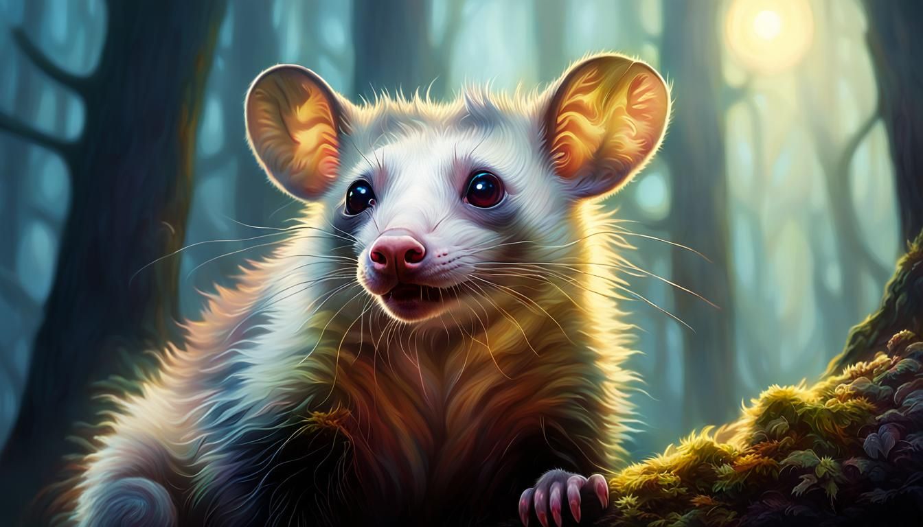 Alien Opossum in Misty Forest: Oil Painting
