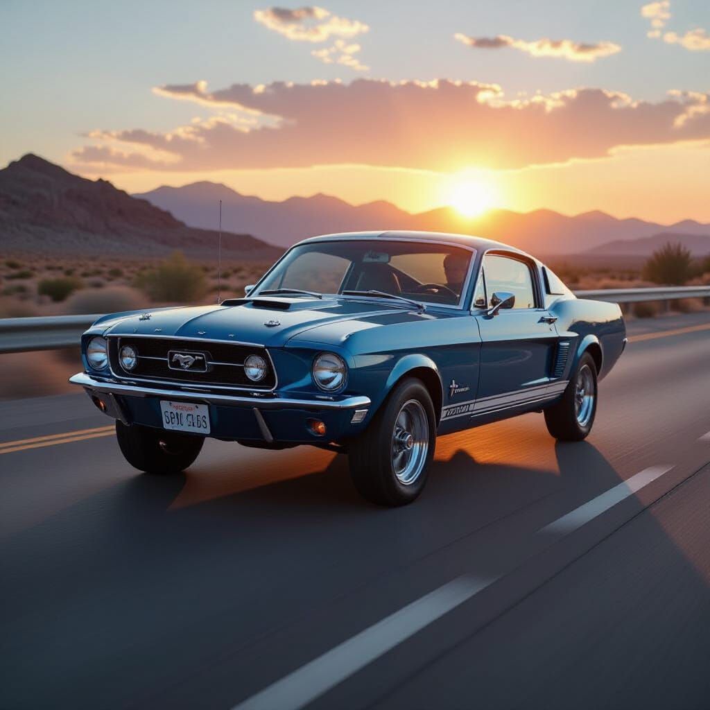 60s Ford Mustang on Arizona Highway at Sunset