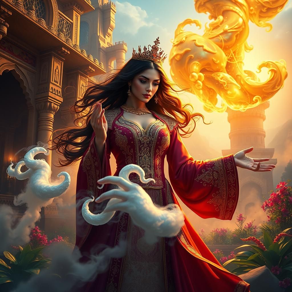 Regal Woman Summons Genie in Opulent Fantasy Art