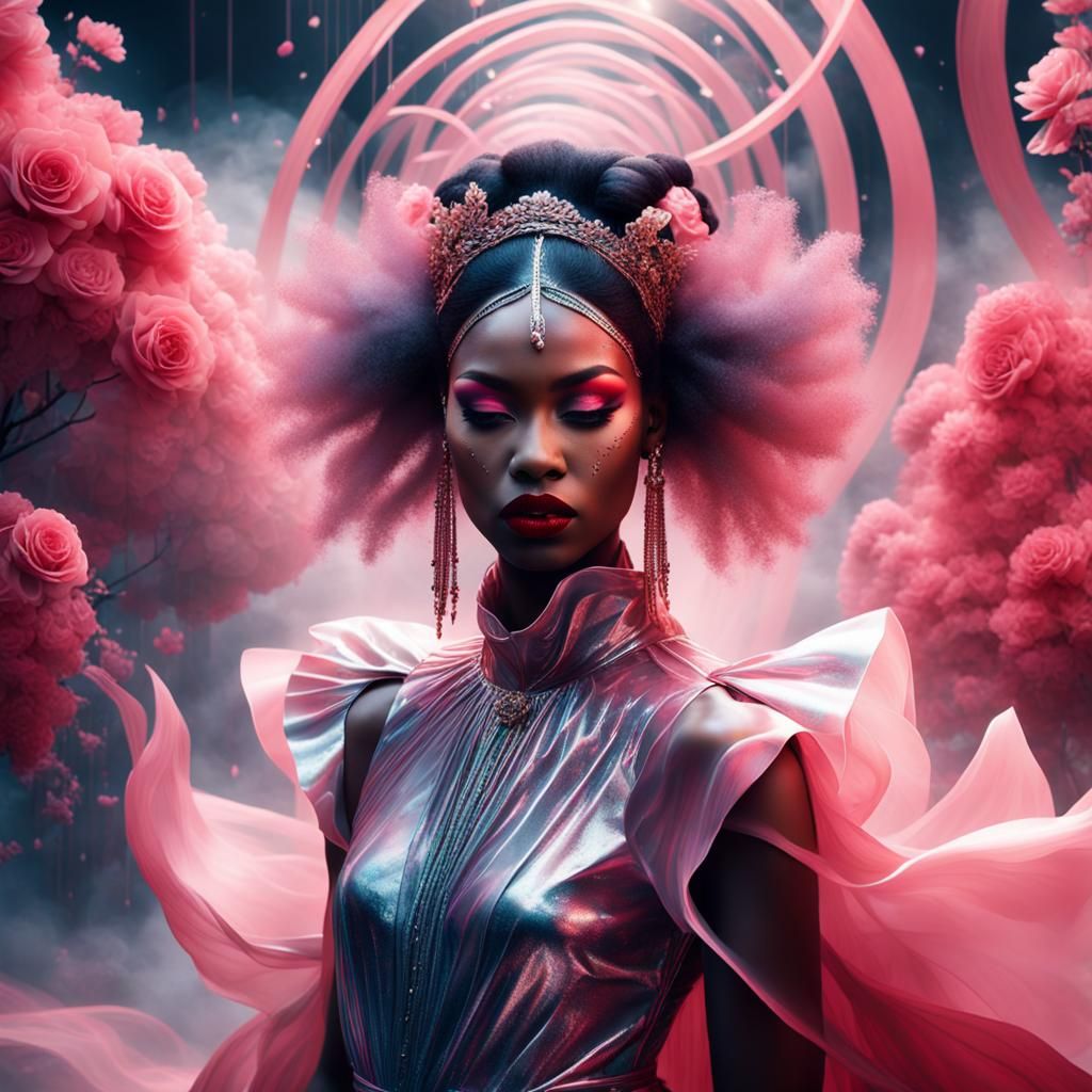 Dreamlike Portrait of Woman in Rose Hues, Surrealist Style