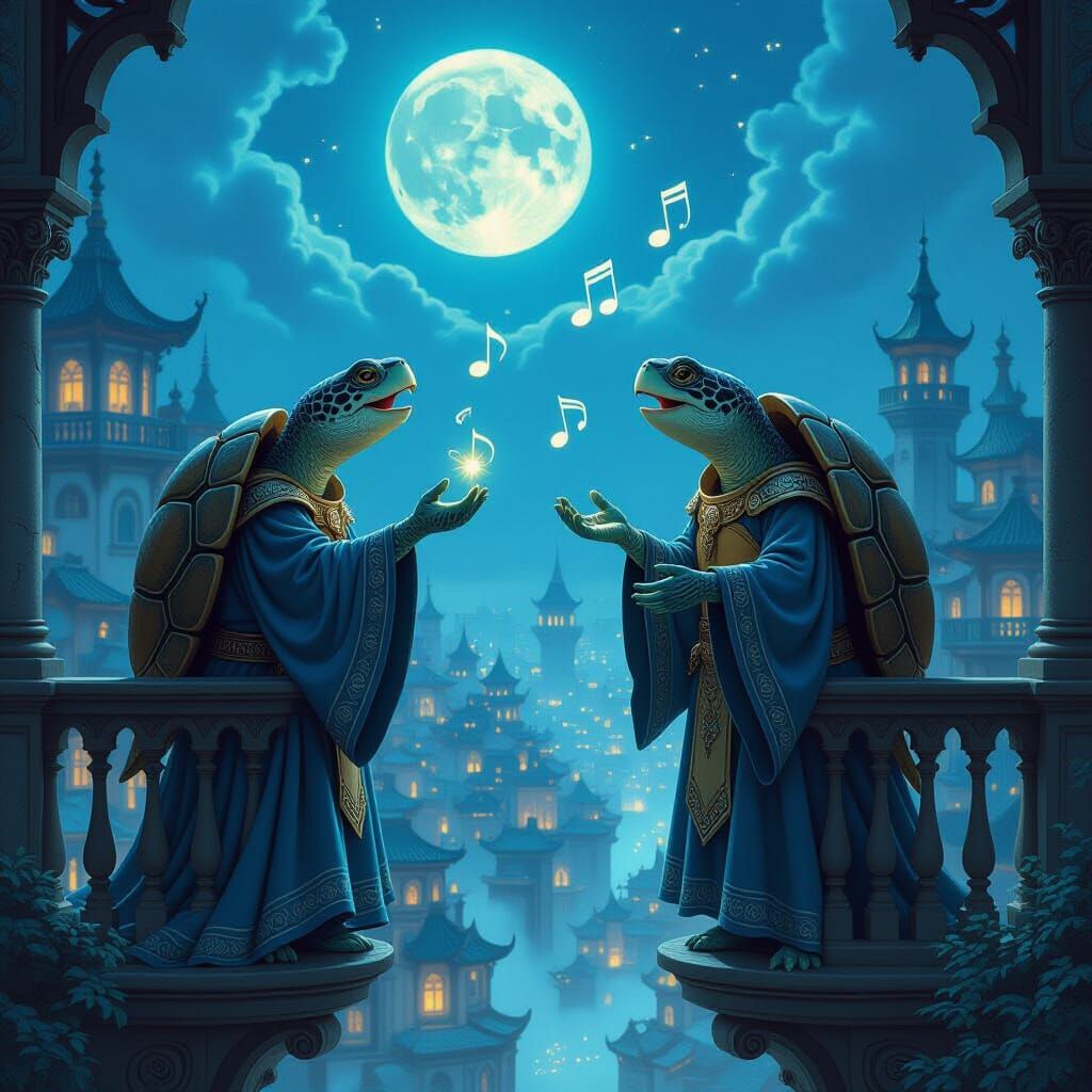 Whimsical Turtles Sing in Moonlit City