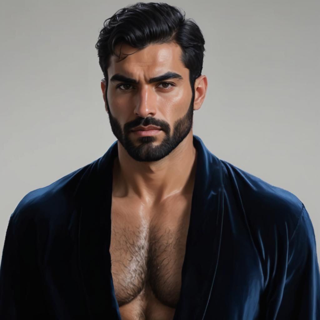 Handsome Man with Black Beard in Velvet Robe