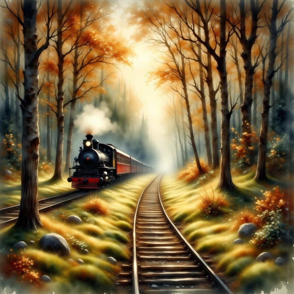 Impressionistic Train in Mossy Forest at Golden Hour