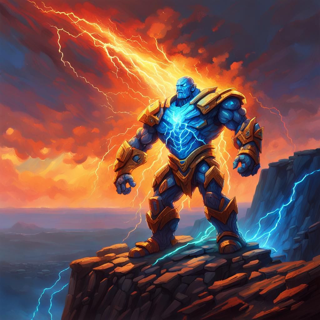 Electric Golem Unleashes Lightning Fury: Fantasy Oil Paintin...