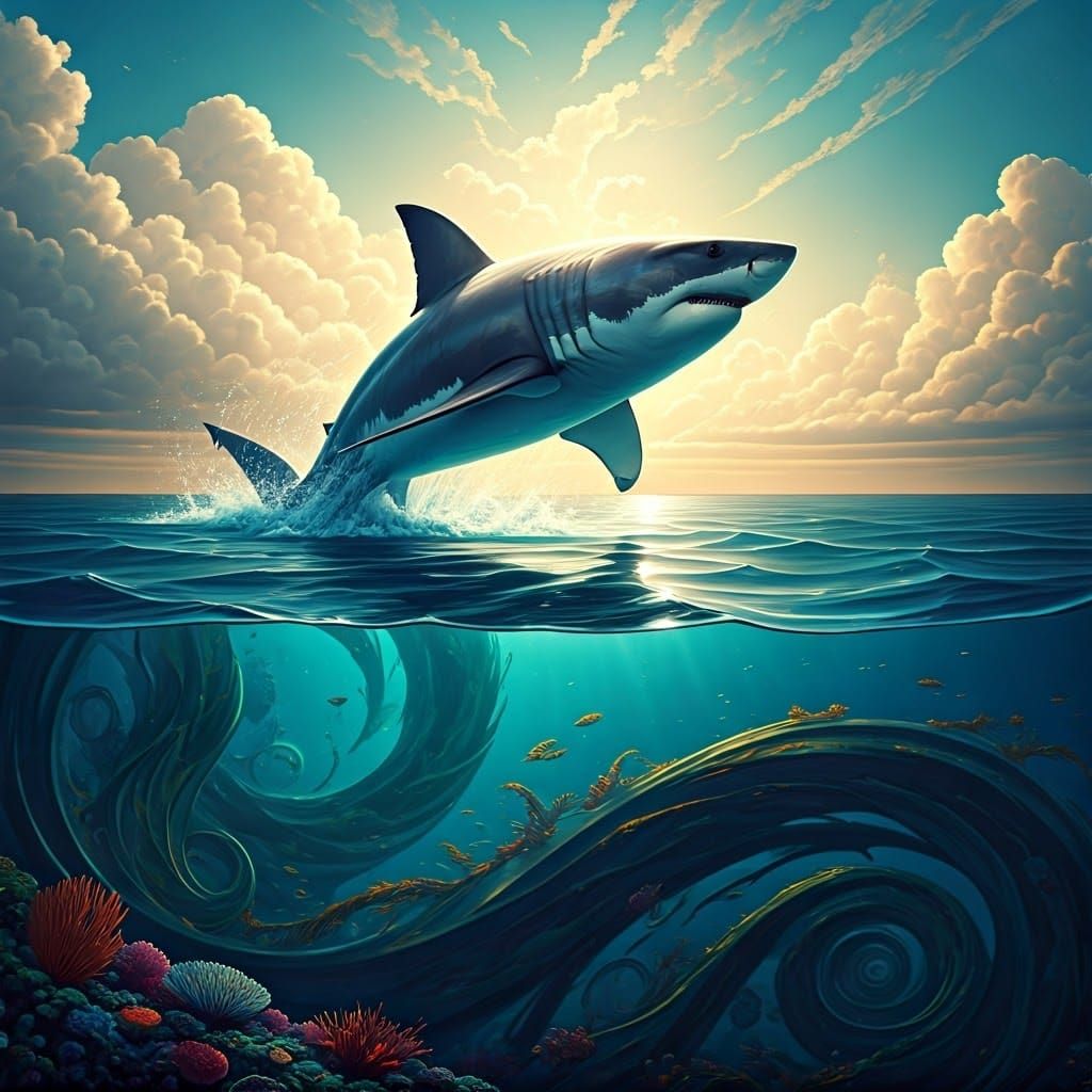 Majestic Shark Breaches Turquoise Waves in a Dynamic Splash