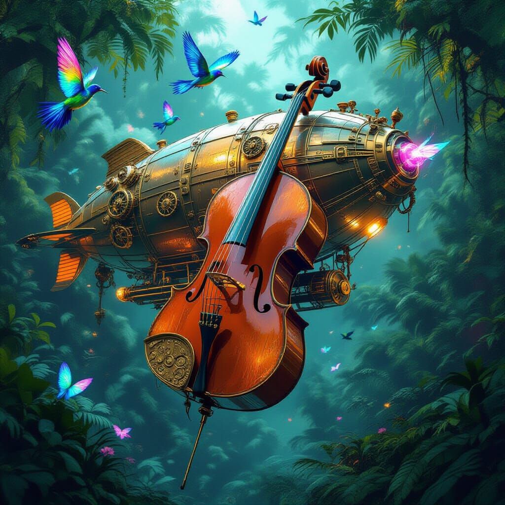 Steampunk Cello Airship Soaring Through Alien Jungle