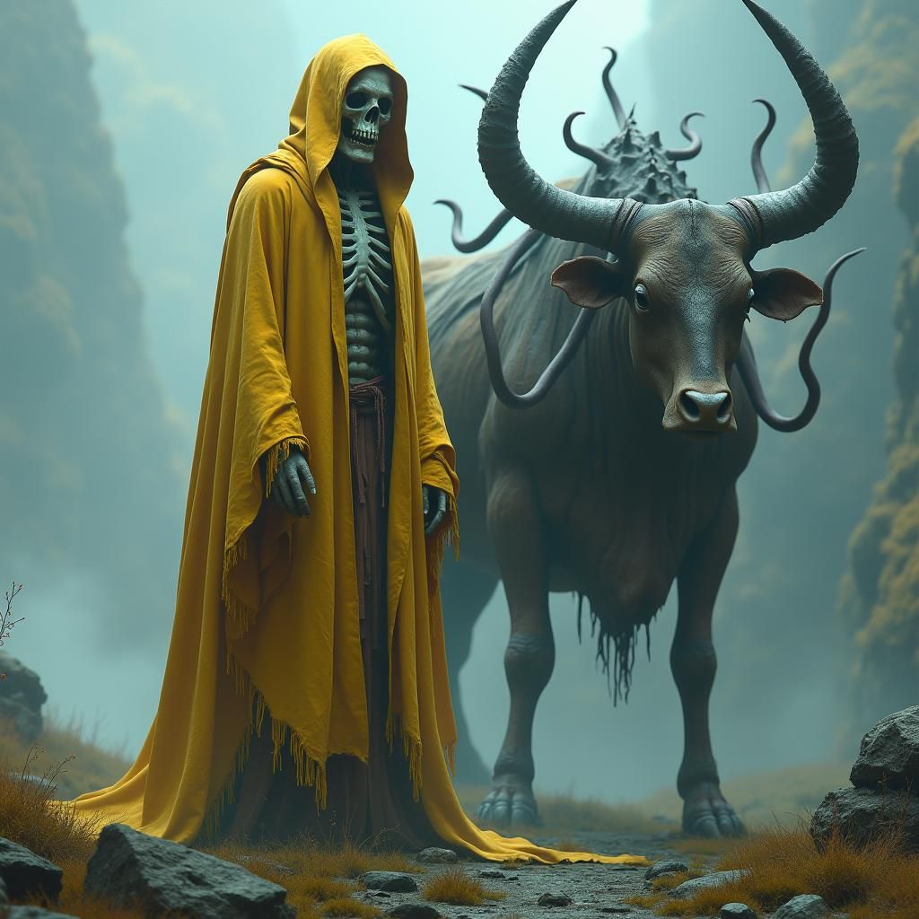 Eerie Skeletal Figure and Tentacled Cow in Fantasy Art