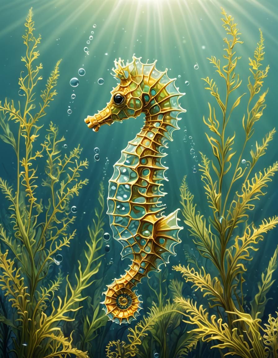 Seahorse in Abstract Underwater World with Fractal Elements