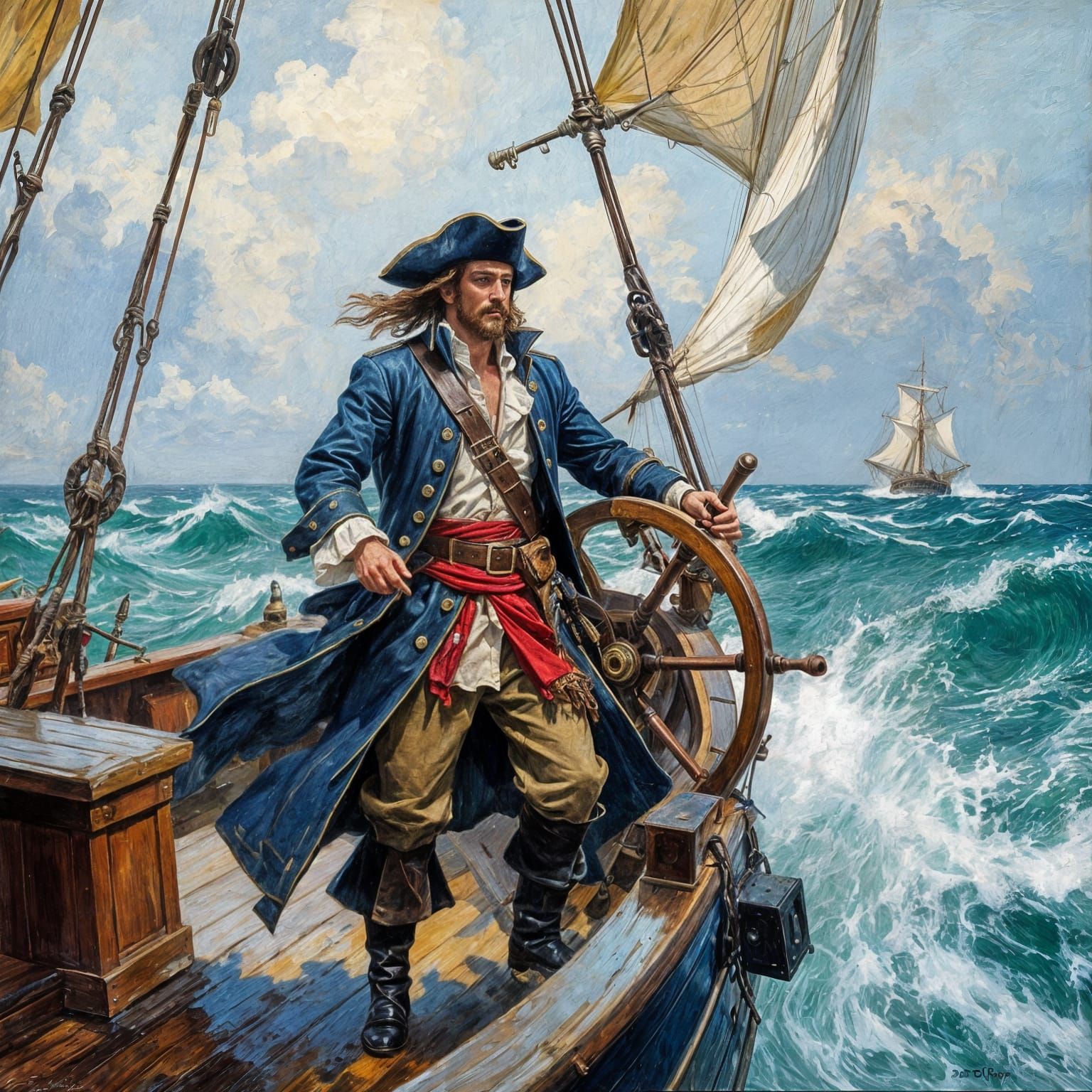 Pirate Ship in Stormy Sea: An Impressionistic Oil Painting