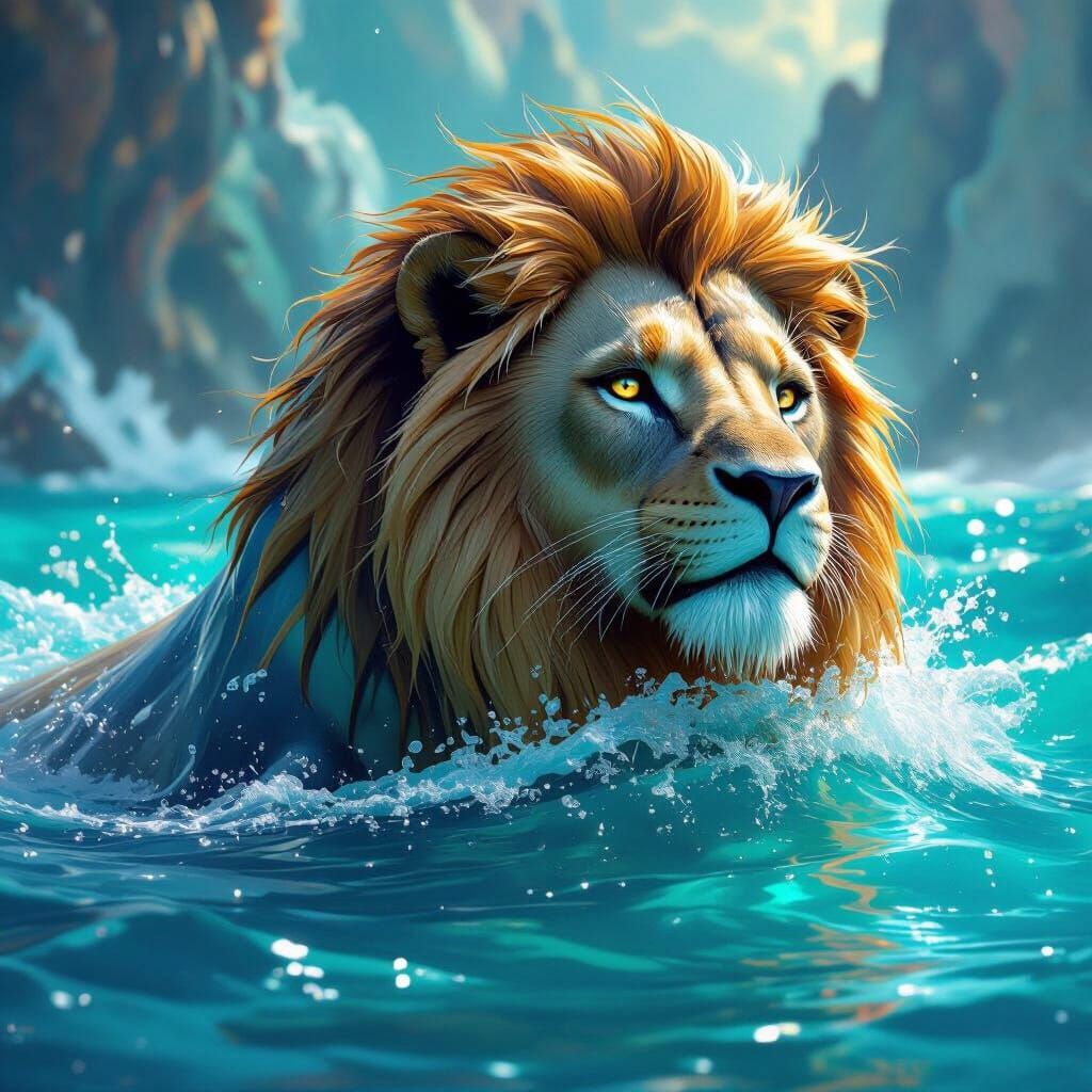 Half Seal, Half Lion Mythical Beast in Turquoise Ocean
