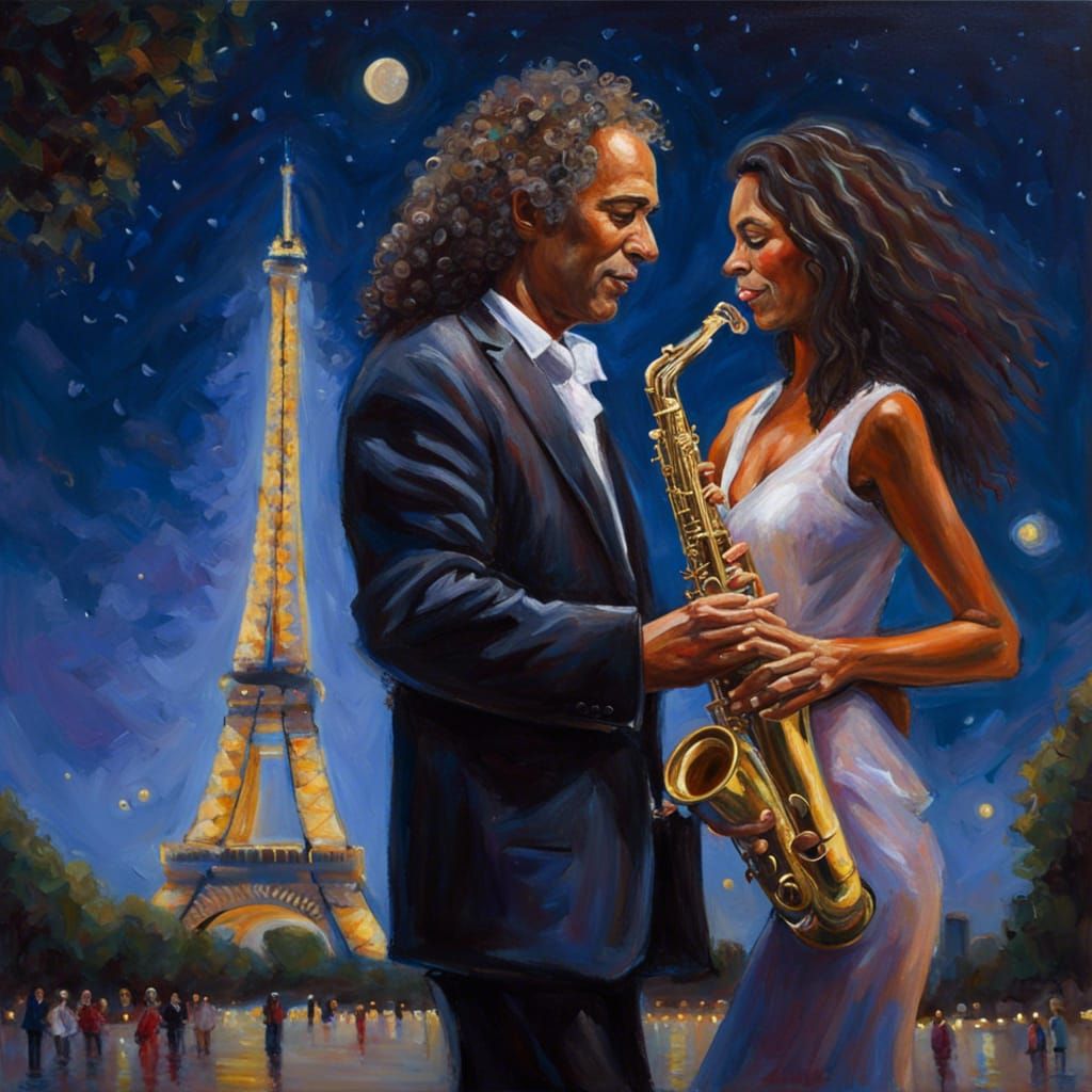 Eiffel Tower Saxophonist: Romantic Oil Painting