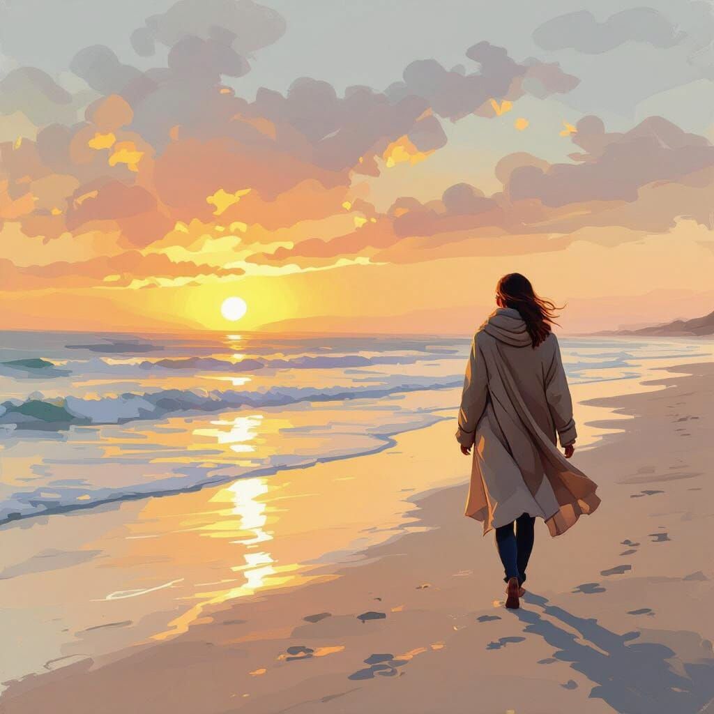 Woman Walks on Beach at Sunrise in Impressionist Style