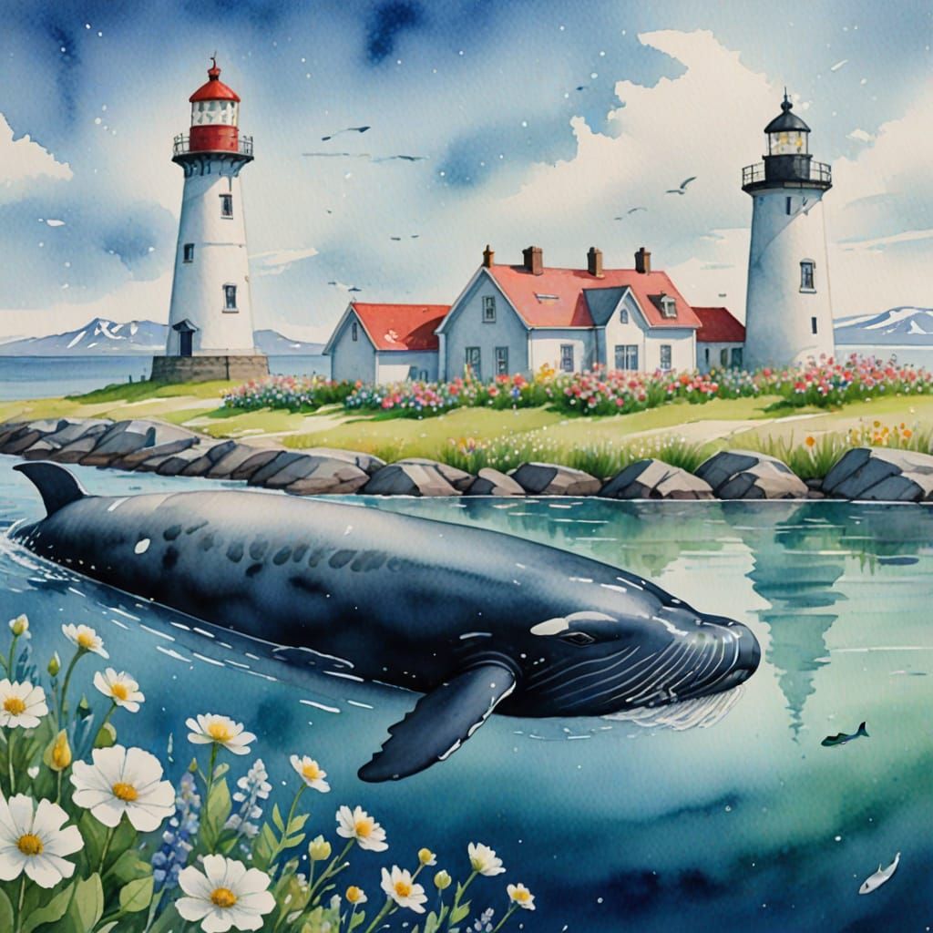 Vibrant Watercolour Arctic Scene: Whale and Lighthouse with ...