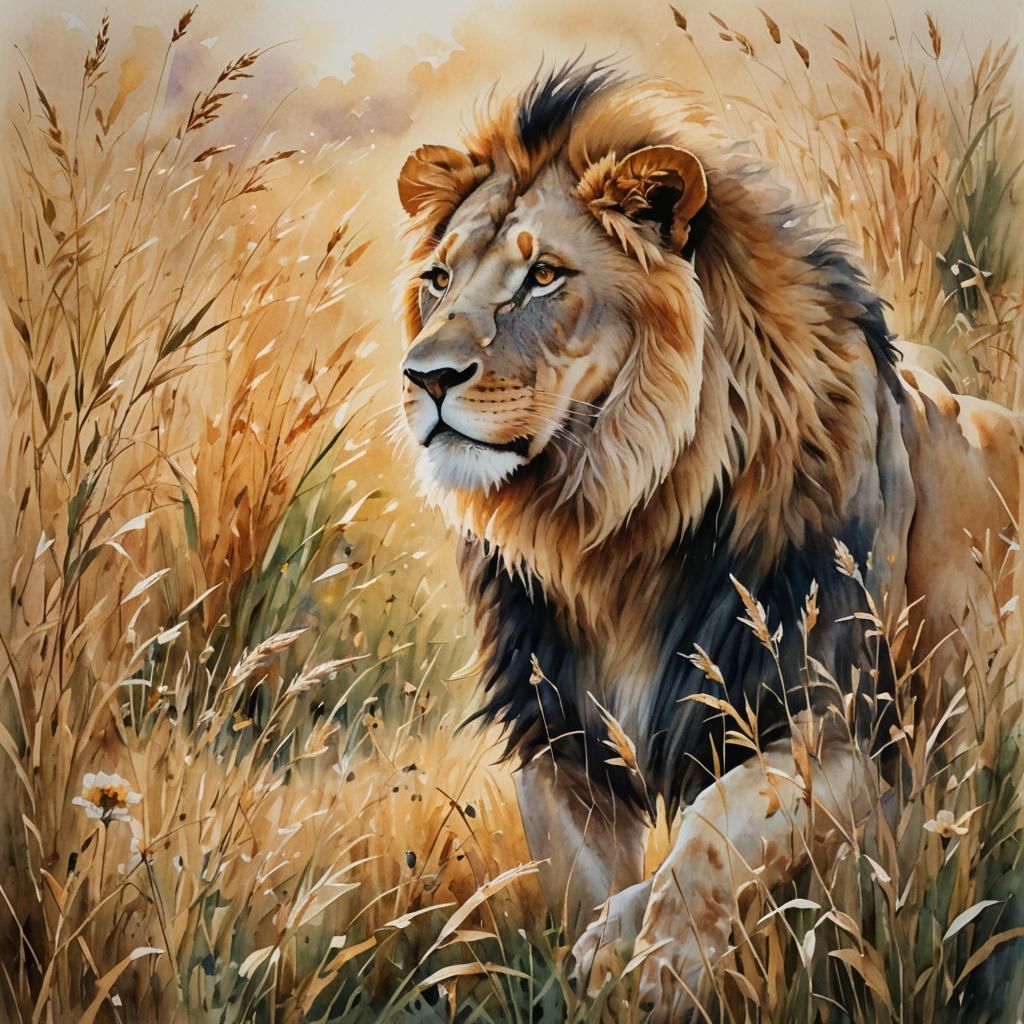 Lion in Golden Field: Watercolor Impressionism