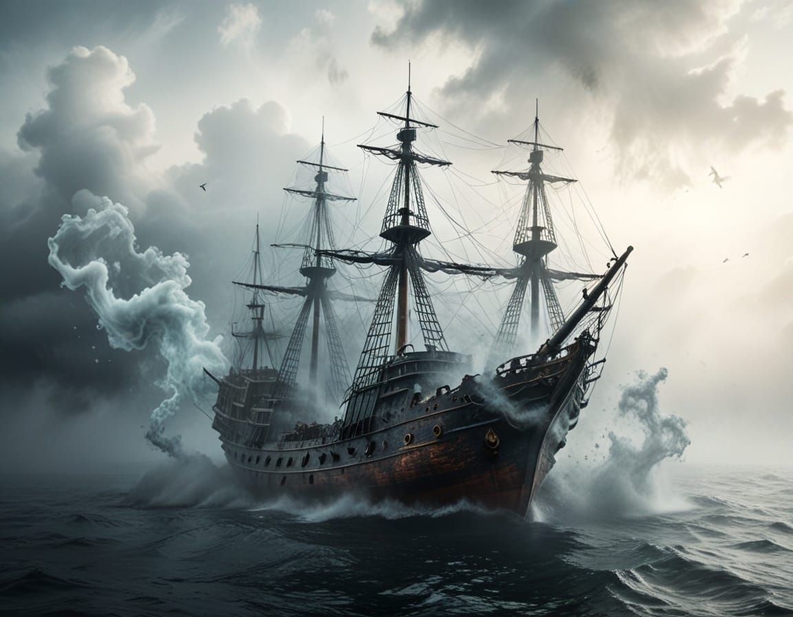 Ghost Ship Sailing on a Misty Sea