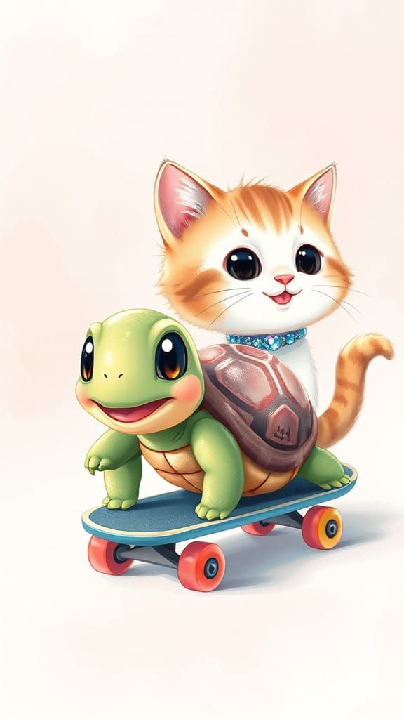 Tiny Turtle Cruises on Skateboard Behind Playful Cat in Wate...