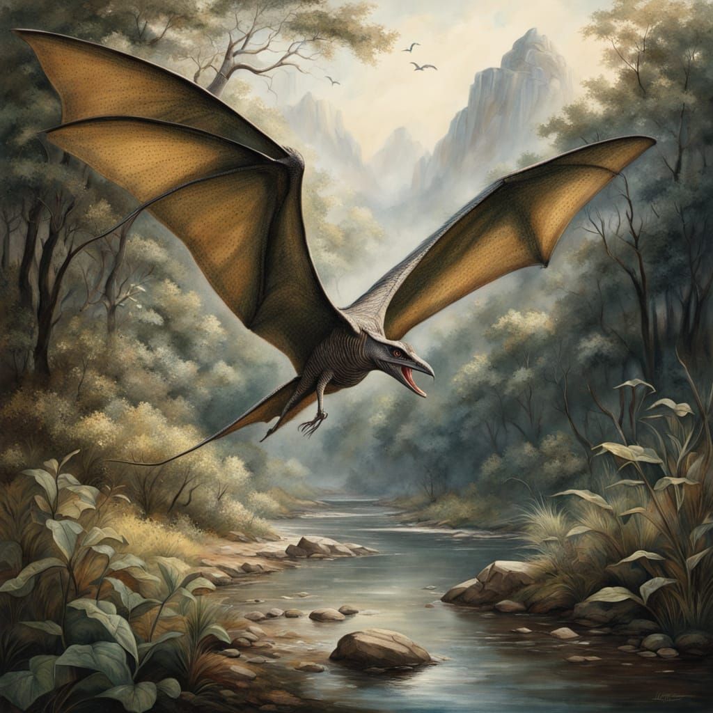 Classic watercolor illustration of a pterodactyl, in the sty...