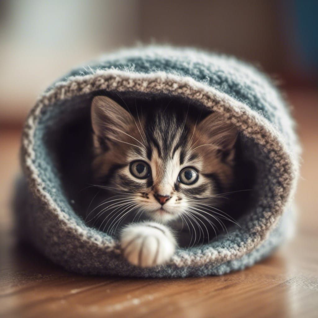 Cute Kitten Peeking From Mitten in Comic Style