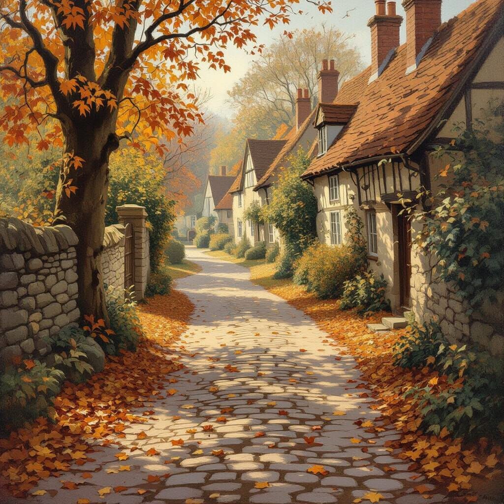 Autumn Village Lane in Henry Tuke Style