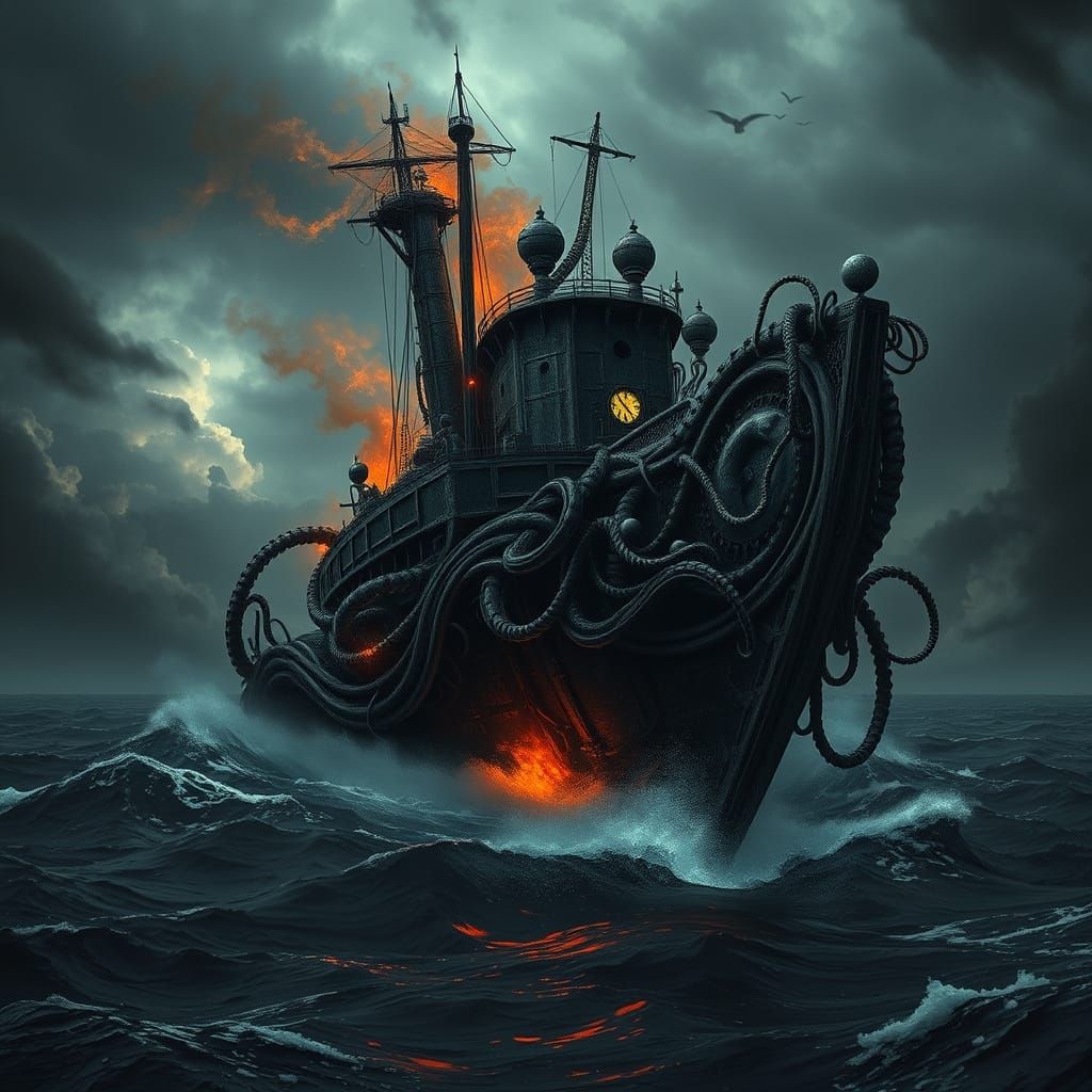 Cyberpunk Horror Vessel in Turbulent Skies