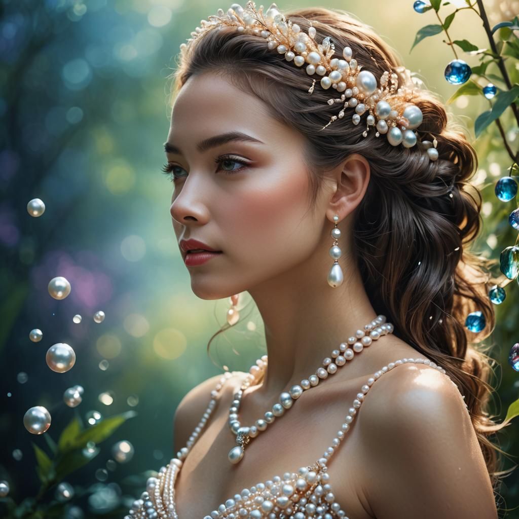 Hyperrealistic Portrait of Woman with Pearls