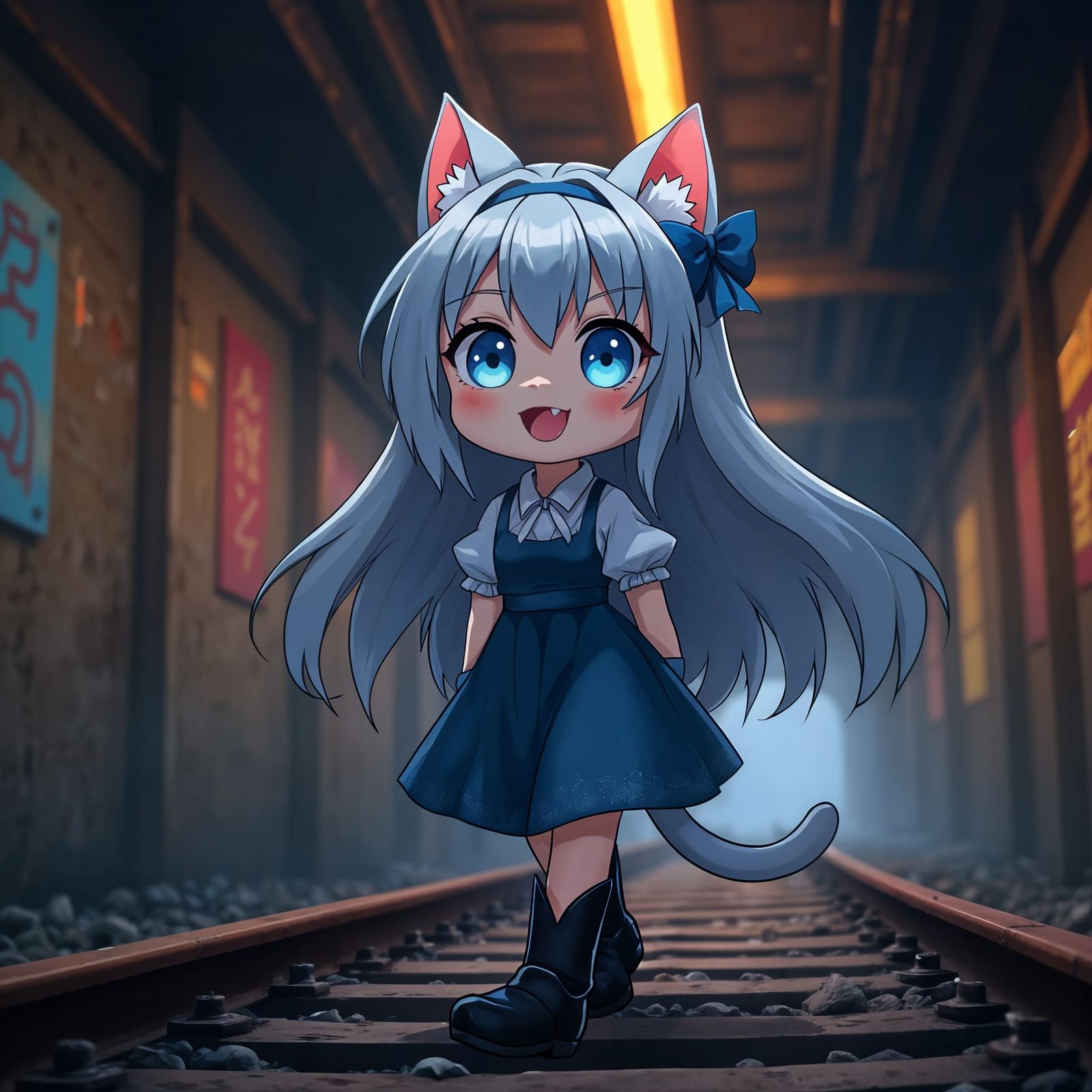Anime Catgirl Explores Abandoned Subway in Synthwave Style