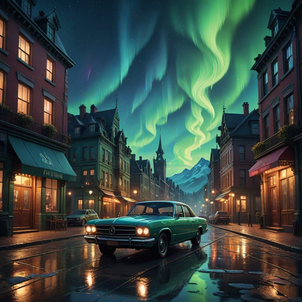 Victorian Street Scene Under Magical Aurora Borealis