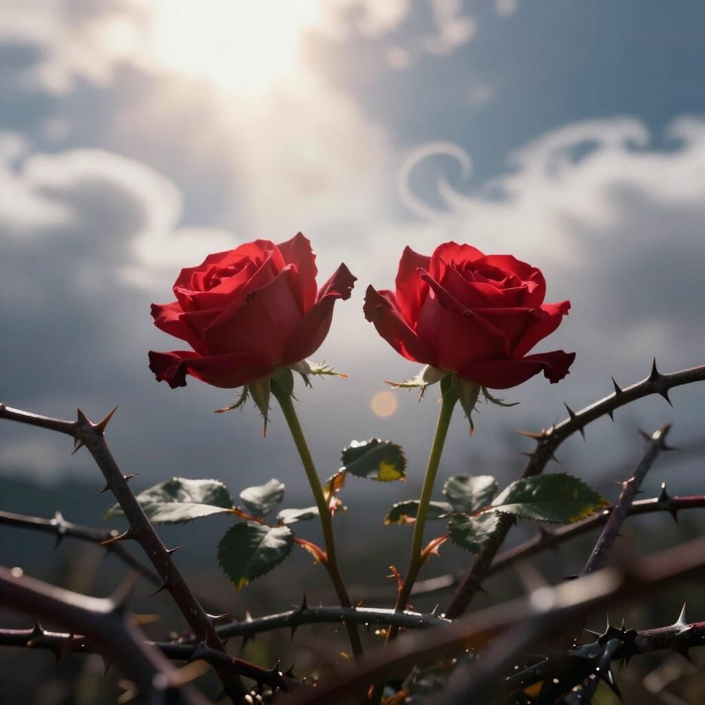 Vibrant Roses Bloom Through Thorns in Divine Light