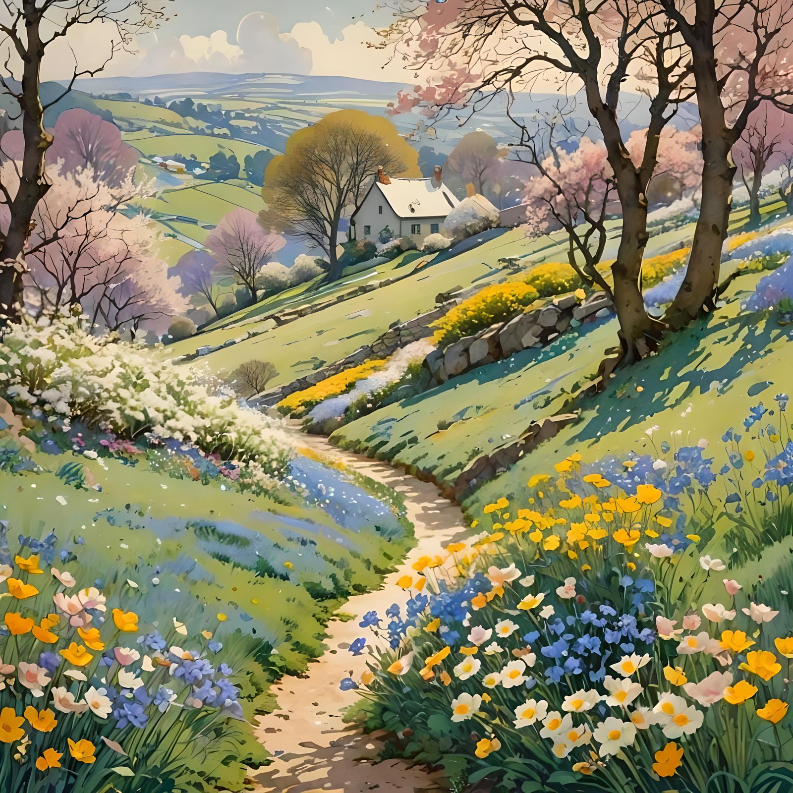 Spring Day in Hilly Park as Watercolour Painting