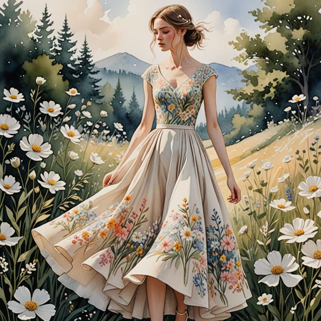 Ethereal Watercolor Dress with Embroidered Flowers