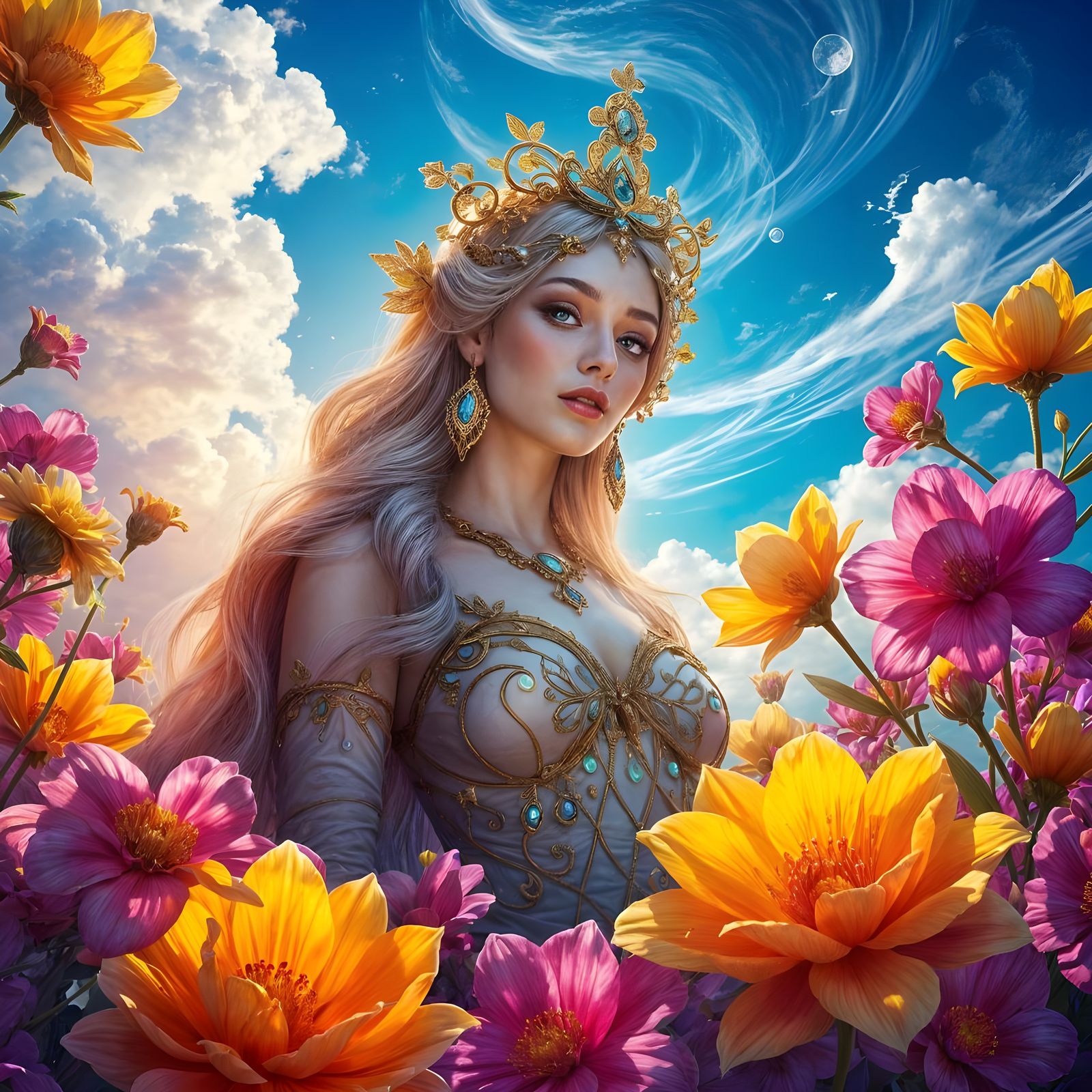 Goddess Emerges from Floral Tapestry: Dark Fantasy Art