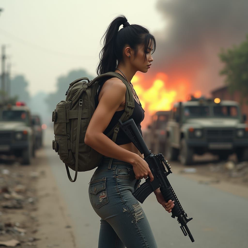 Action Photo of Athletic Woman with Rifle on Battle-Torn Str...