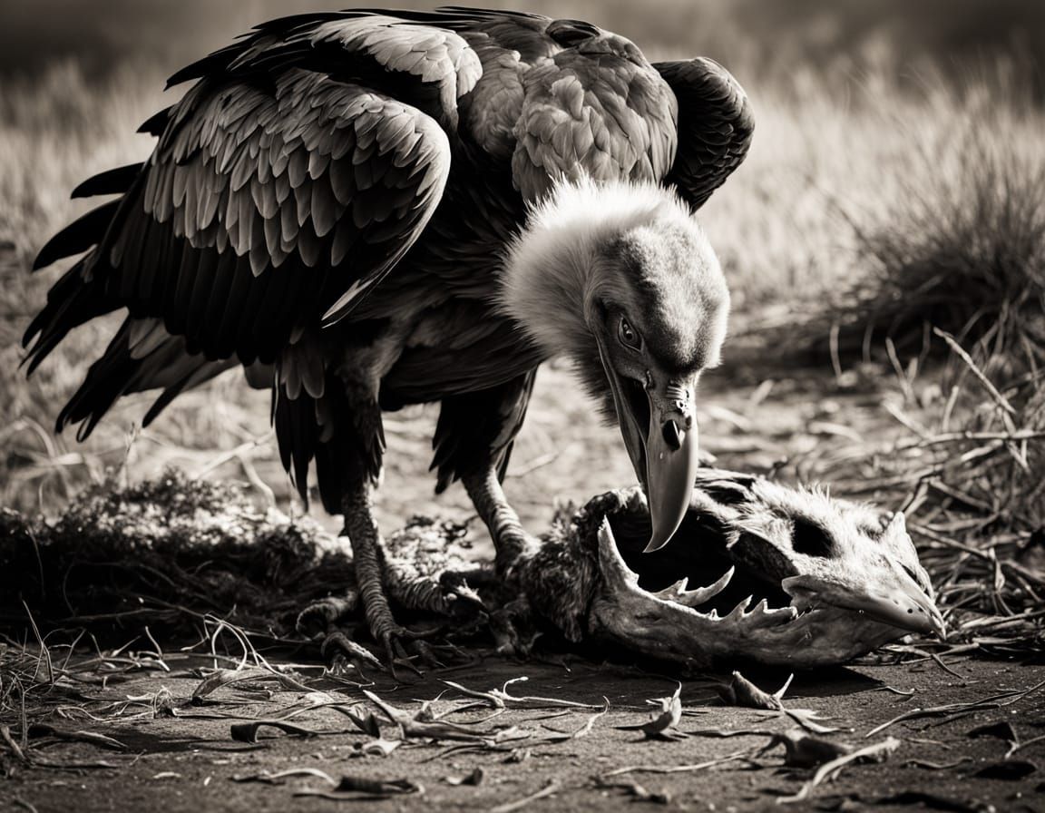 Moody Black and White Vulture Portrait in Tattered Sepia