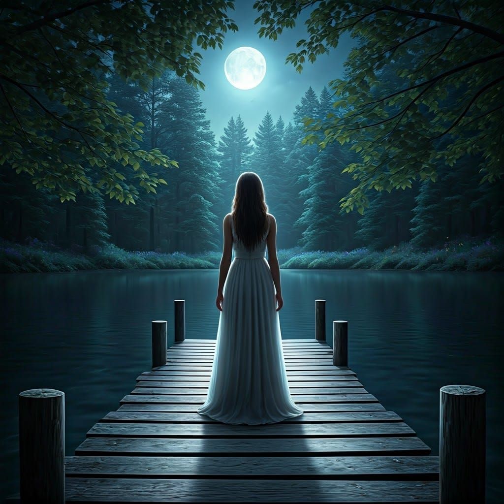 Enchanting Moonlit Scene with Serene Young Woman