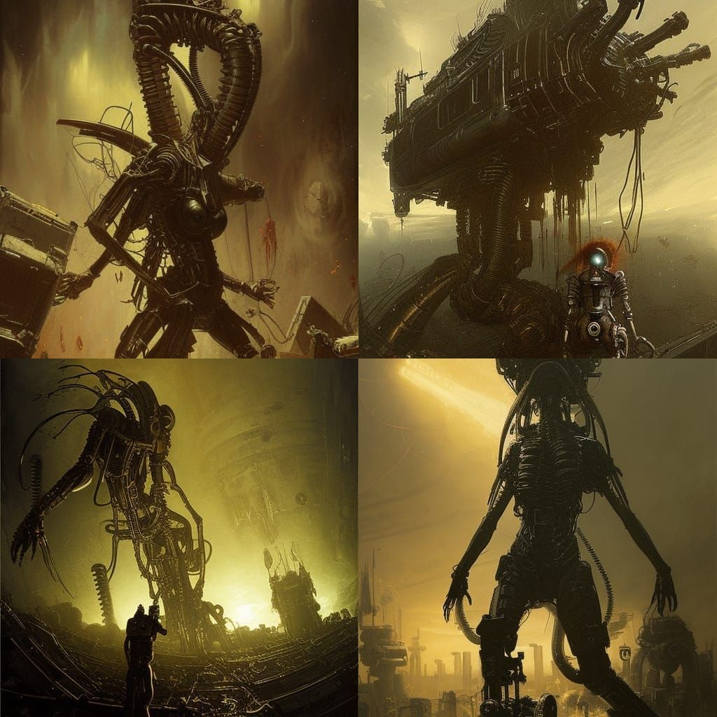 Steampunk Ripley in Power Loader Confronts Alien Queen