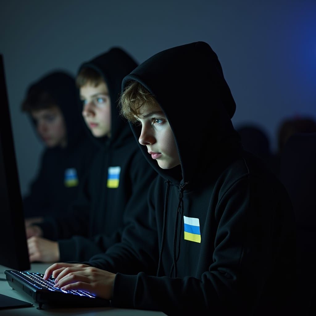 Cyberpunk Teens Concentrating in Dark Room