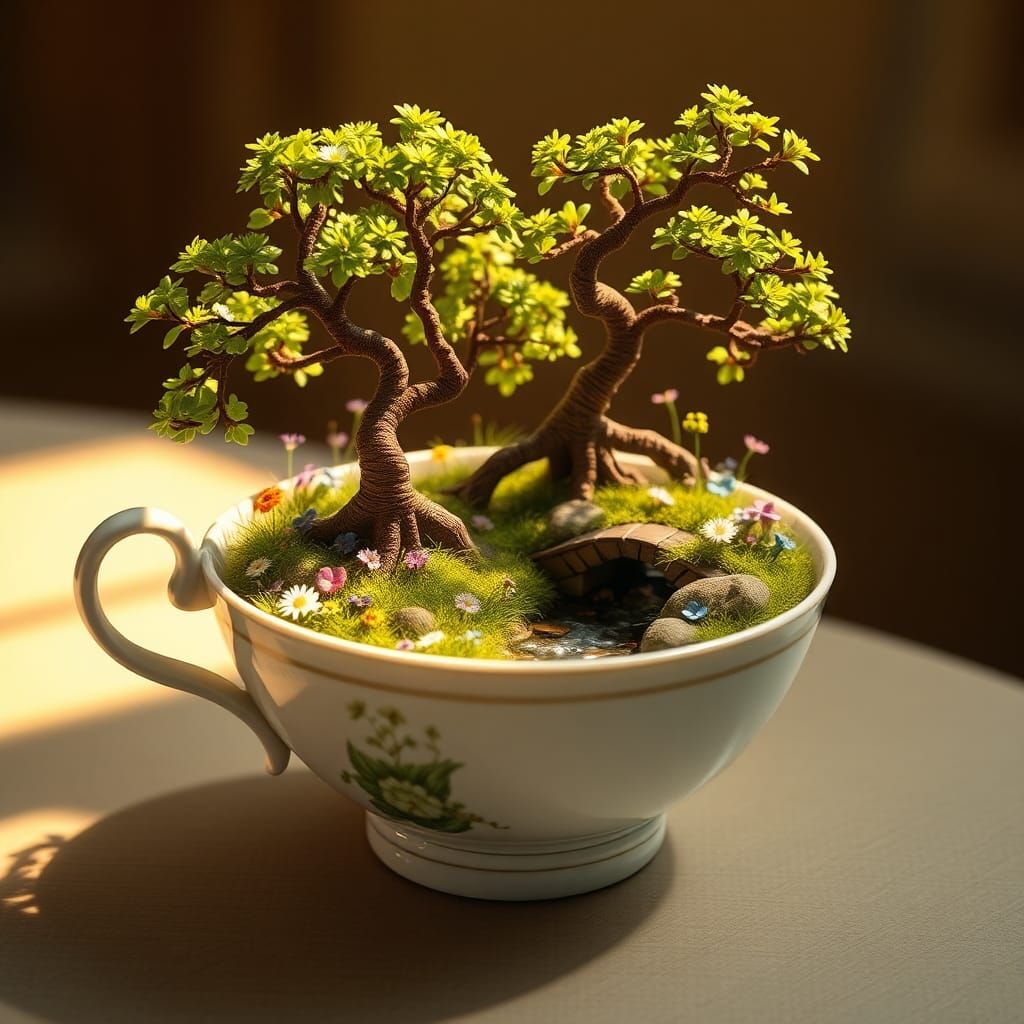 Miniature Ecosystem Flourishing in Teacup Garden