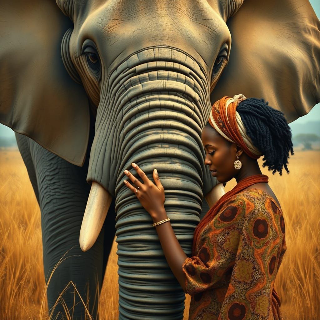 African Woman and Elephant in Organic Art Nouveau Style