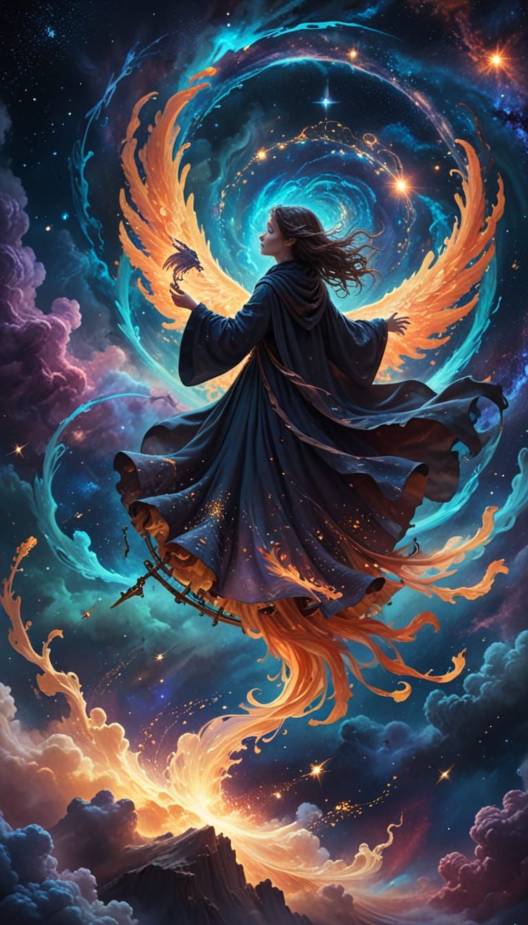 Witch Riding Phoenix on Celestial Carousel in Painterly Styl...