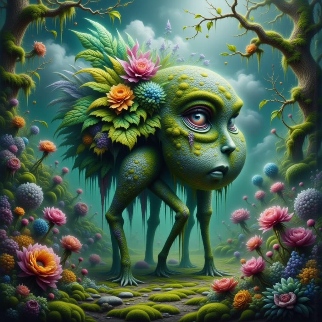 Surreal Creature with Googly Eye Amidst Glowing Flora