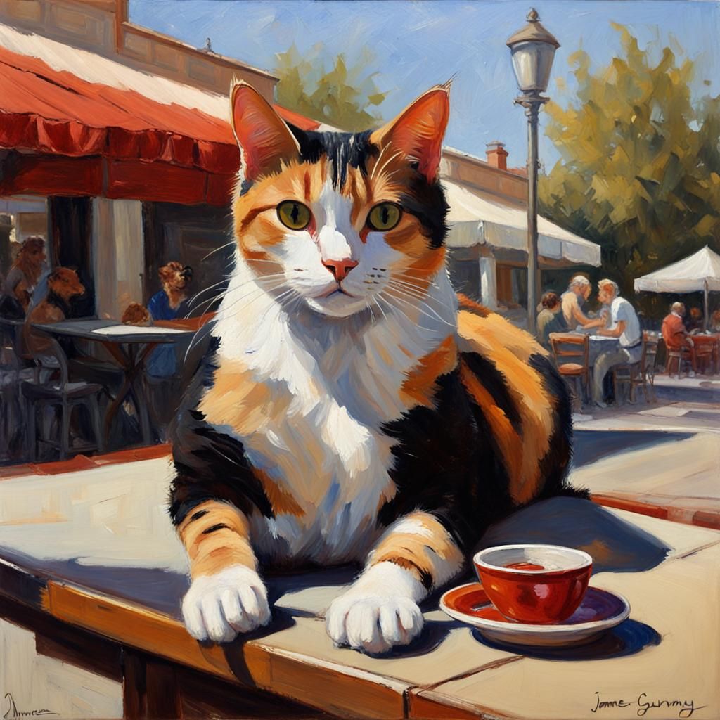 Calico Cat Enjoying Sunny Cafe: Oil Painting