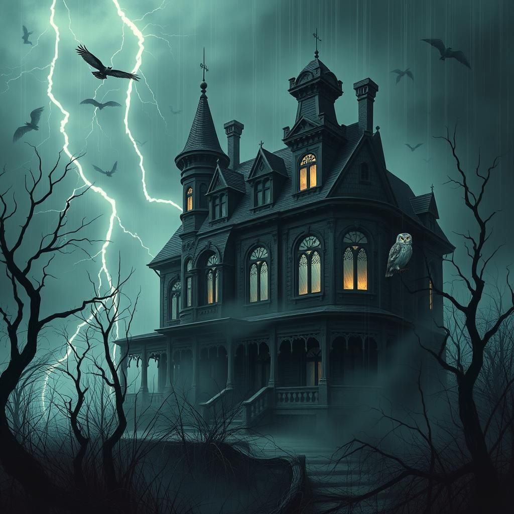 Foreboding Victorian Mansion in Overgrown Landscape